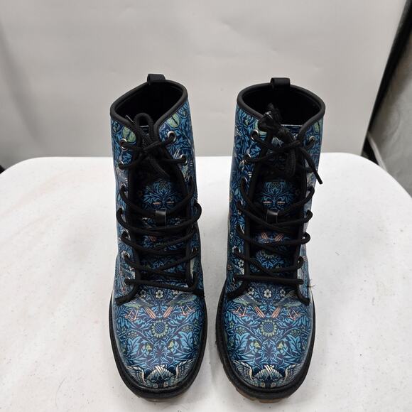 Harlow & Lloyd Combat Boots Womens 8 Blue Bird Print Lug Sole - Picture 4 of 11